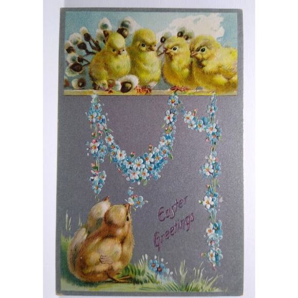 Easter Postcard Baby Chicks Tucks 701 Forget Me Not Flowers Embossed Vintage - Picture 1 of 2